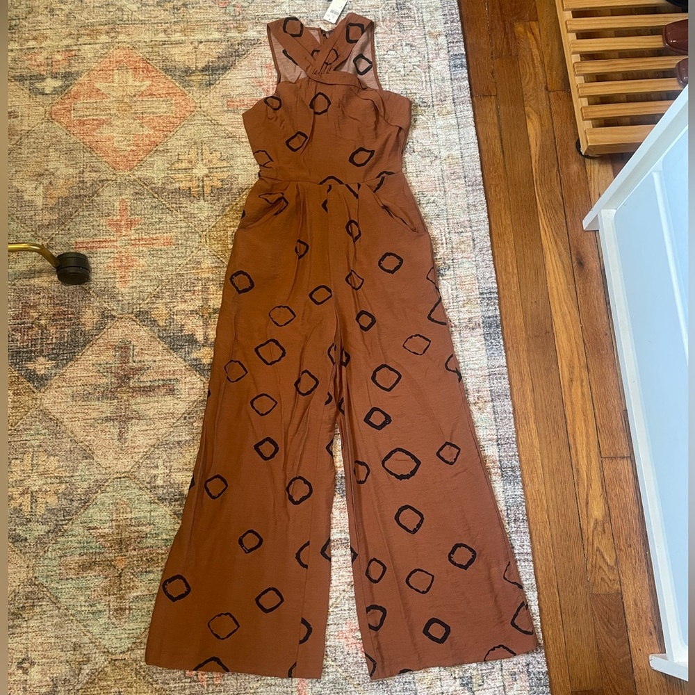 Anthropologie Rust Orange Geometric Twist-Halter Jumpsuit - Picture 5 of 8